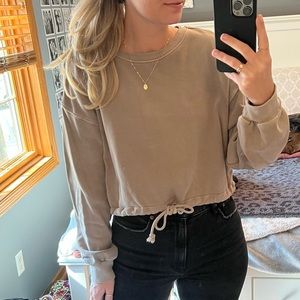Crop Front Tie Tan Crewneck Sweatshirt